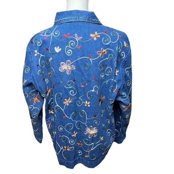 VTG UNITS Women's Lightweight Denim Jacket 1980's Embroidered Flowers Vines XL - Picture 3 of 7